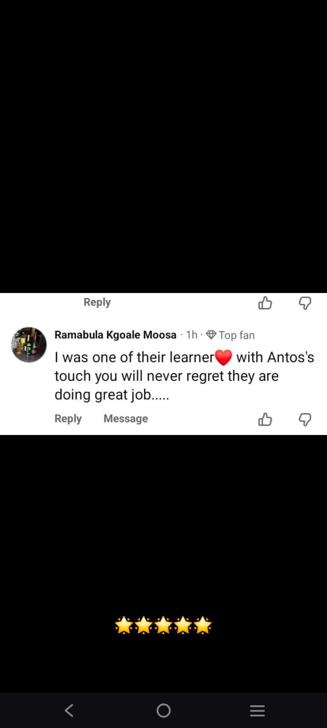 WhatsApp testimonial screenshot from a student thanking Anto's Touch of Class